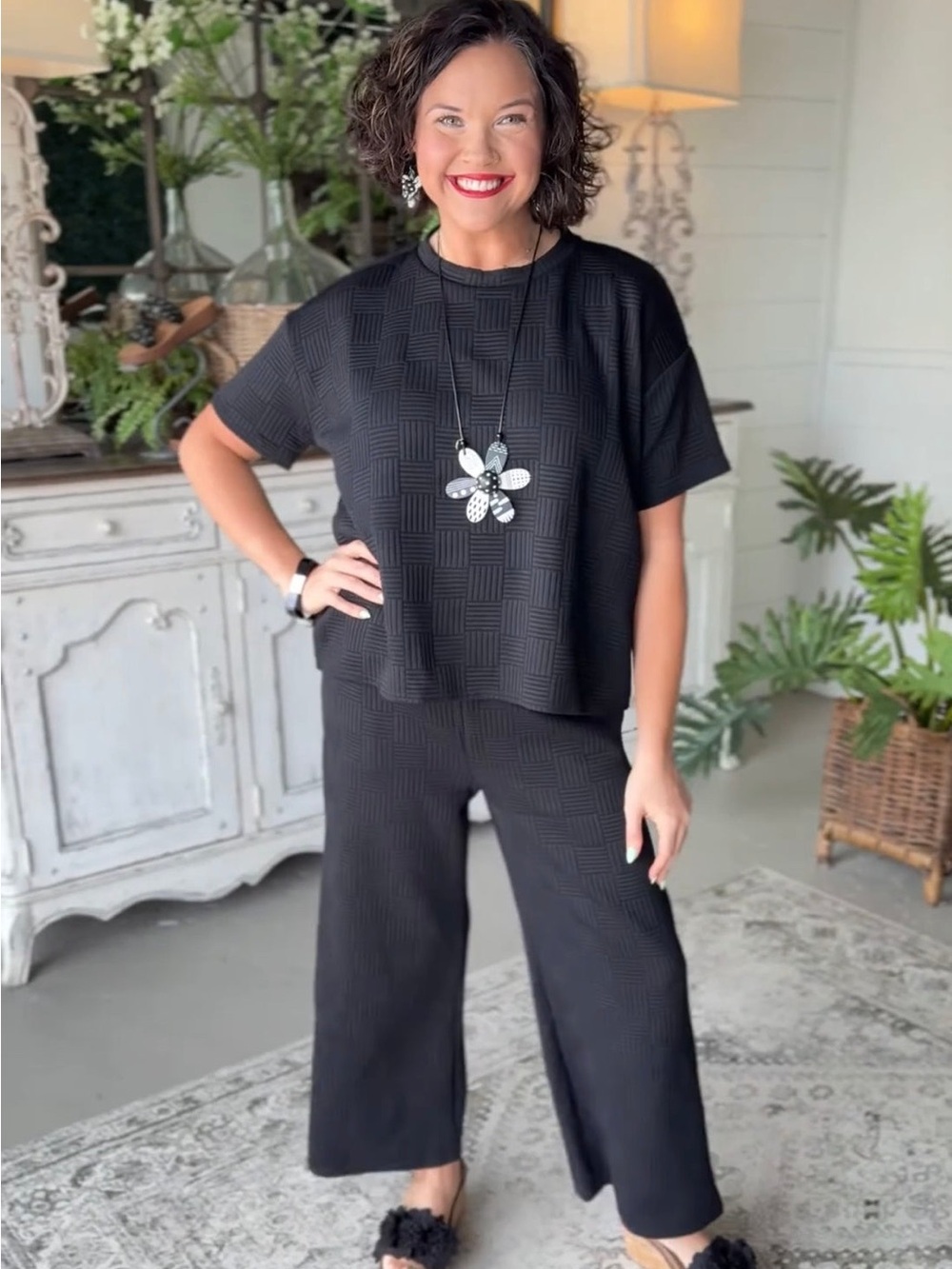Relaxed Wide-Leg Knit Pants Set- Black